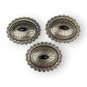 Southwestern Concho Belt Slide Set Of 3 Stamped Nickel Silver Oval Vintage 3"